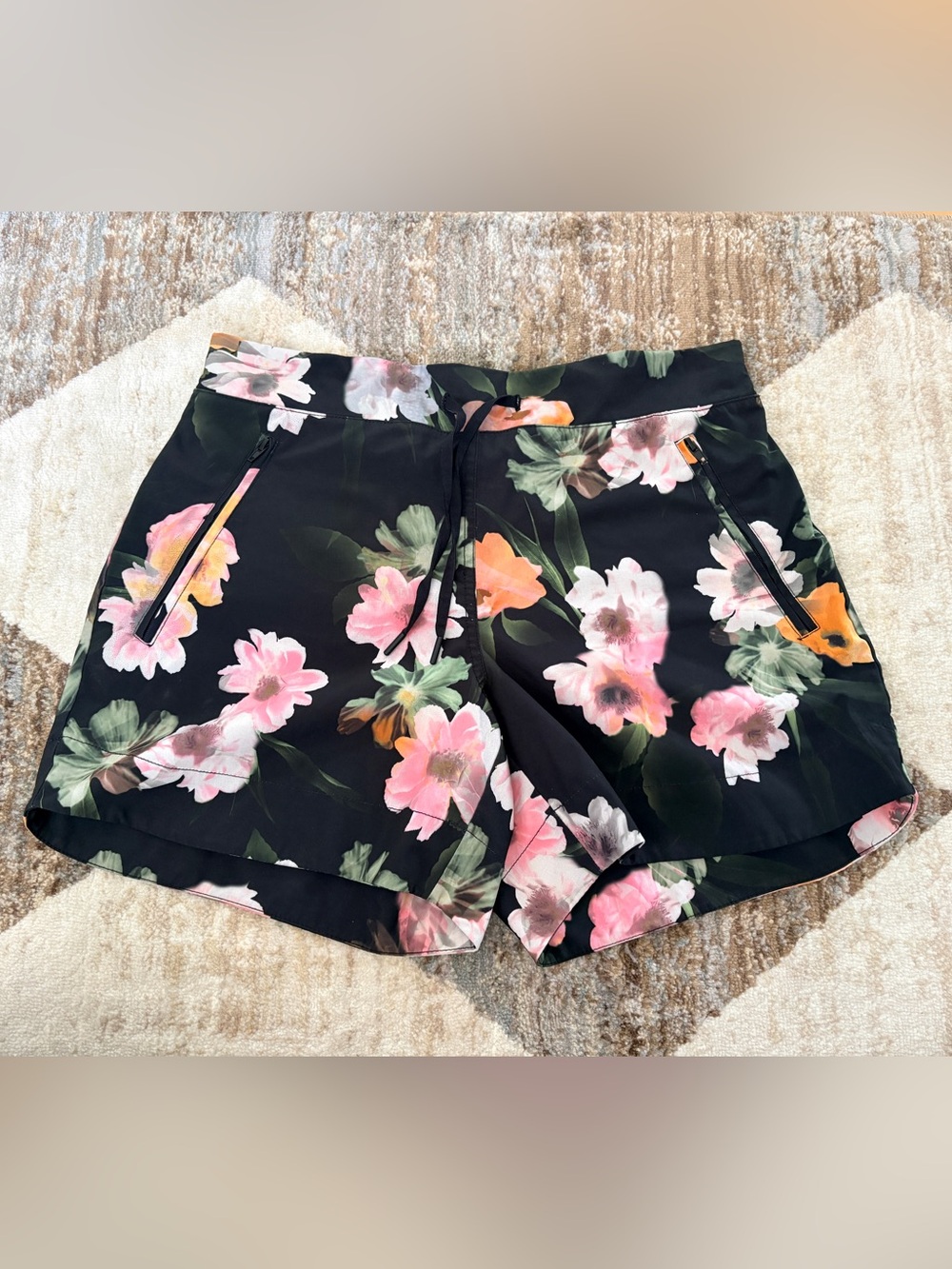Tangerine Black Floral Athletic Shorts with Pink & Orange Blooms